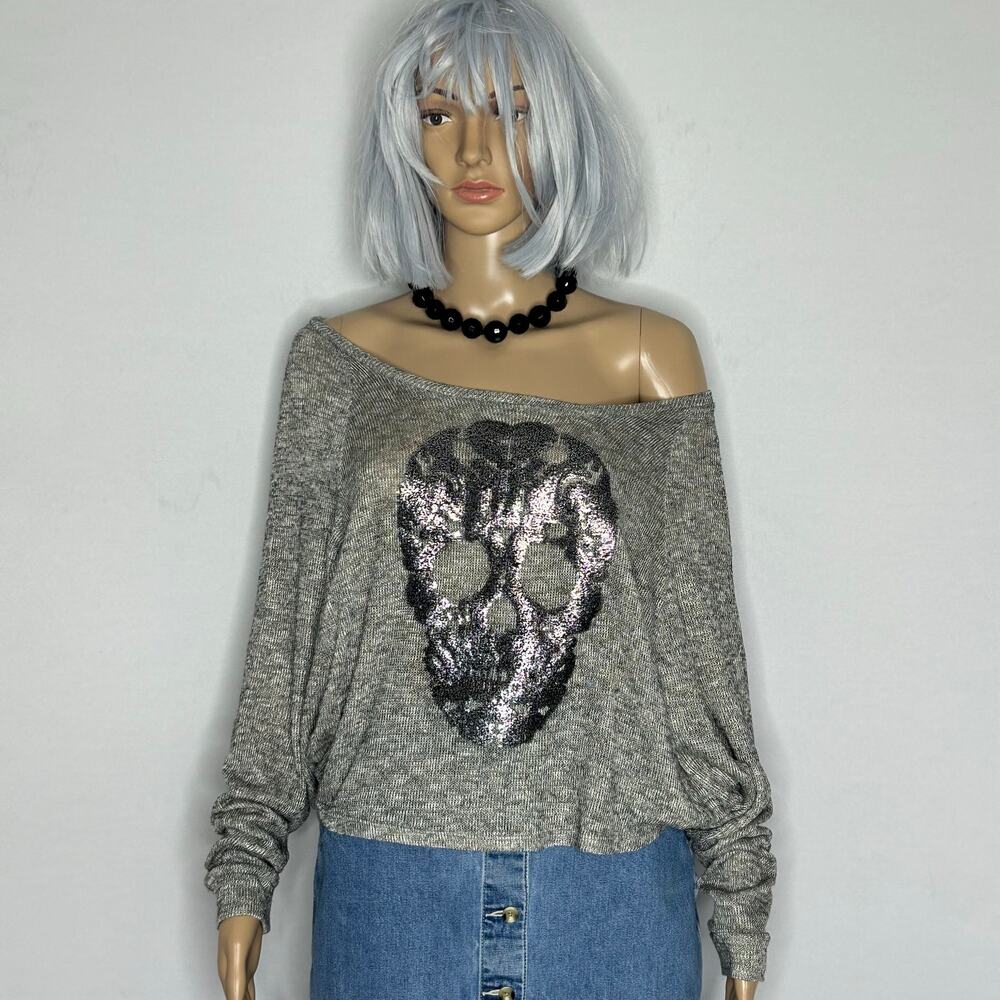 Material Girl Skull Sequin Off Shoulder Sweater Gray Long Sleeve Medium Goth